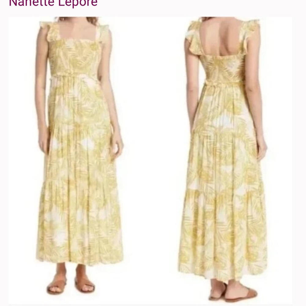 NANETTE LEPORE PALM LEAF MAXI DRESS HAWAIIAN TIERED SMOCKED RUFFLE SLEEVELESS